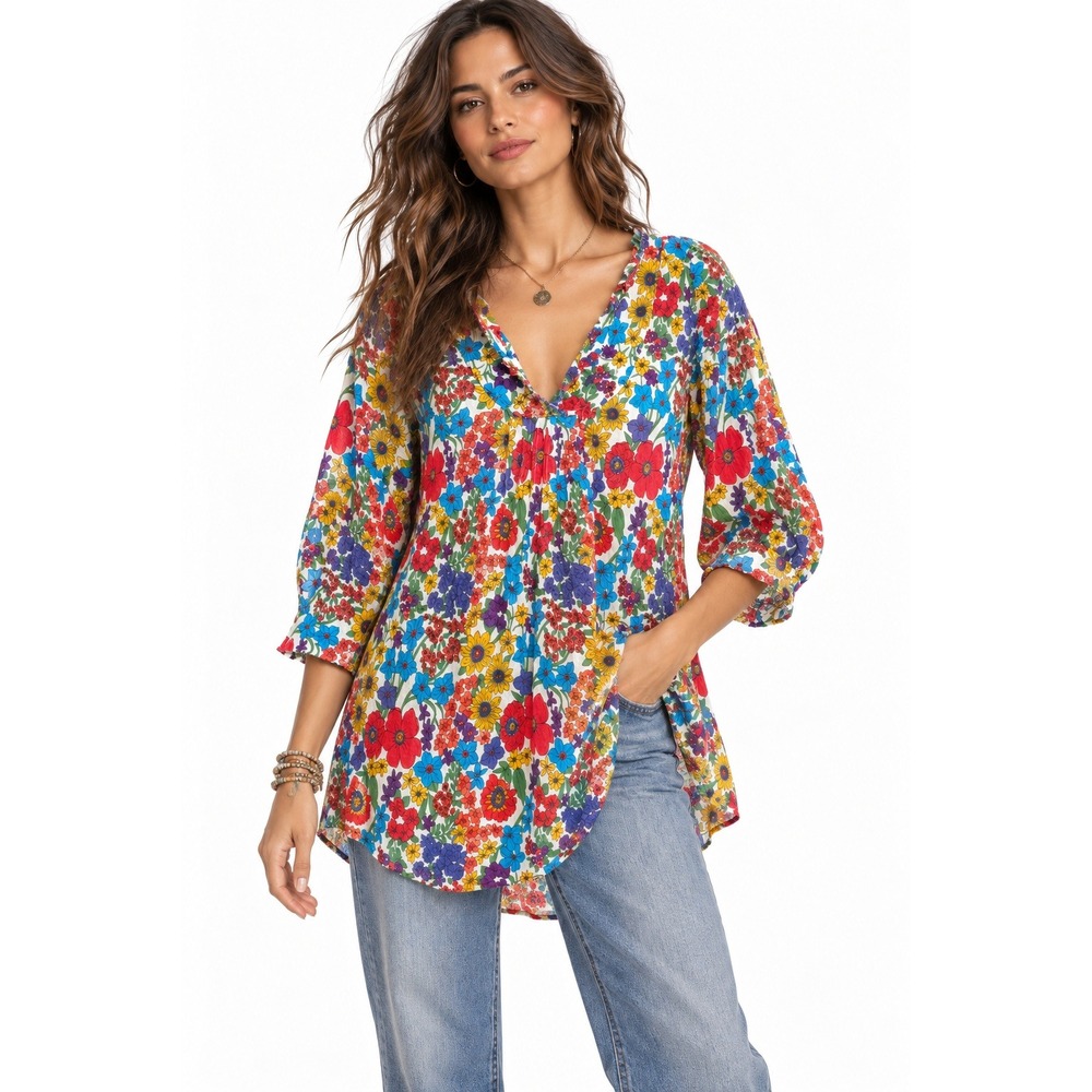 Natural Life Tunic in a Bag Top L XL Floral Bright Dopamine Cotton Gauze Blouse